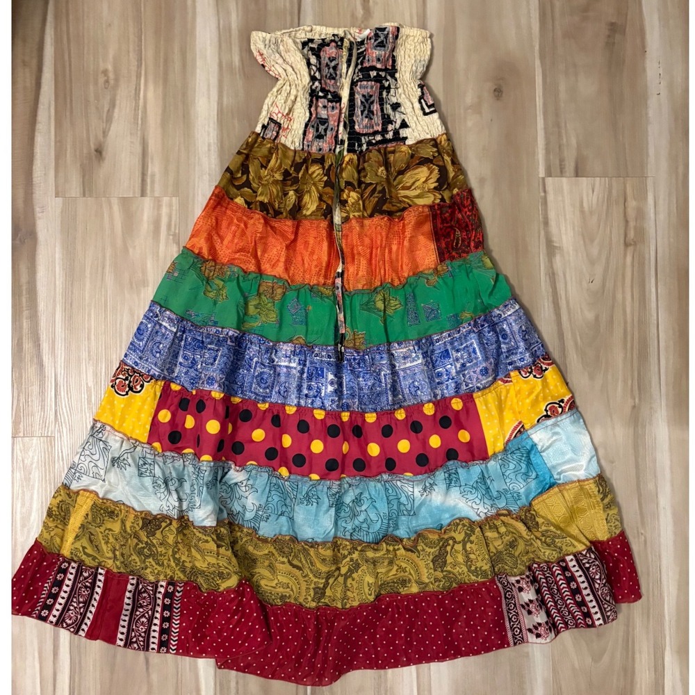 Studio Spa 100% Silk Patchwork Maxi Dress Tiered Boho Hippie Festival Medium g5